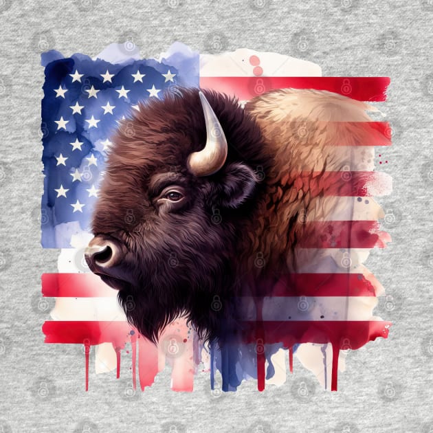 Bison portrait with United States of America flag background watercolor by SPJE Illustration Photography